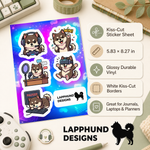 Specs and details for the Finnish Lapphund Gaming & Streaming Sticker Sheet – Gamer, VR & Creator Designs Finnish Lapphund sticker sheet