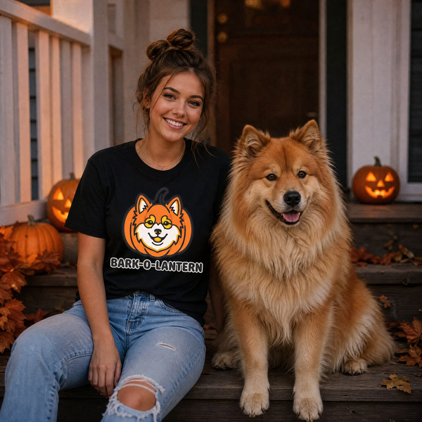 Finnish Lapphund Bark-O-Lantern Halloween T-Shirt Finnish Lapphund t-shirt worn, lifestyle photo