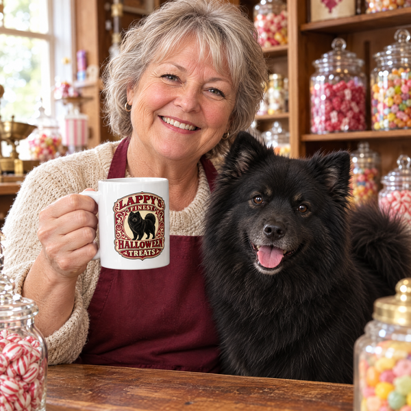 Finnish Lapphund Lappy's Finest Treats Halloween Mug Finnish Lapphund mug in use, lifestyle photo