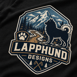 Finnish Lapphund Trail Crest T-Shirt design close-up on a Finnish Lapphund t-shirt