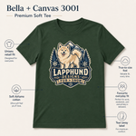 Bella+Canvas 3001 size and fit guide for the Finnish Lapphund Fur Over Snow Badge T-Shirt Finnish Lapphund t-shirt