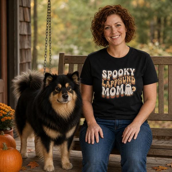 Spooky Lapphund Mom Halloween T-Shirt Finnish Lapphund t-shirt worn, lifestyle photo