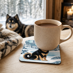 Finnish Lapphund Northern Lights Winter Illustration Cork-Back Coaster Finnish Lapphund cork-back coaster in use on a table