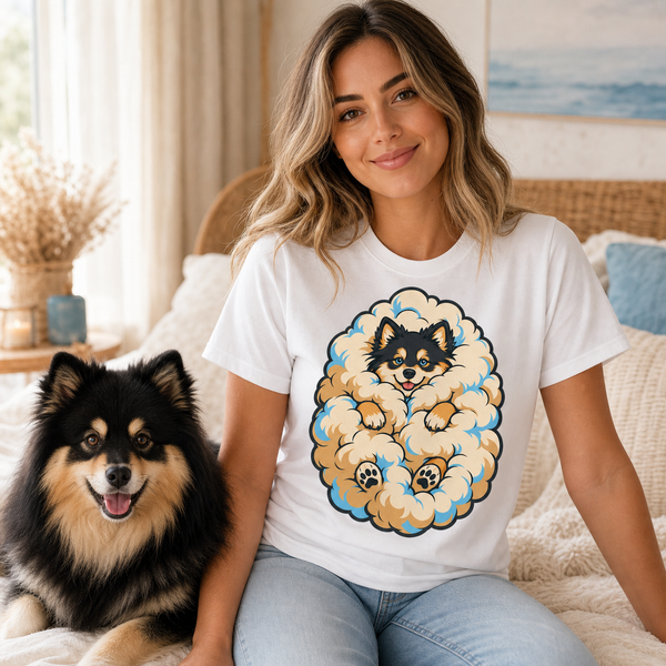Finnish Lapphund Floof Cloud T-Shirt Finnish Lapphund t-shirt worn, lifestyle photo
