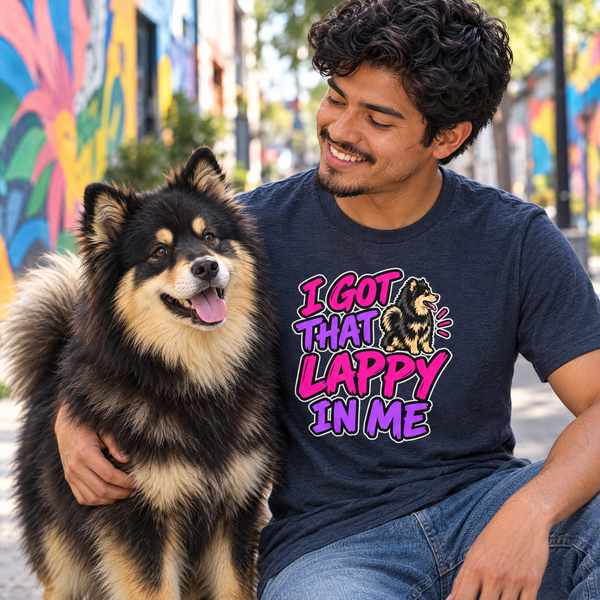 Finnish Lapphund I Got That Lappy in Me T-Shirt Finnish Lapphund t-shirt worn, lifestyle photo
