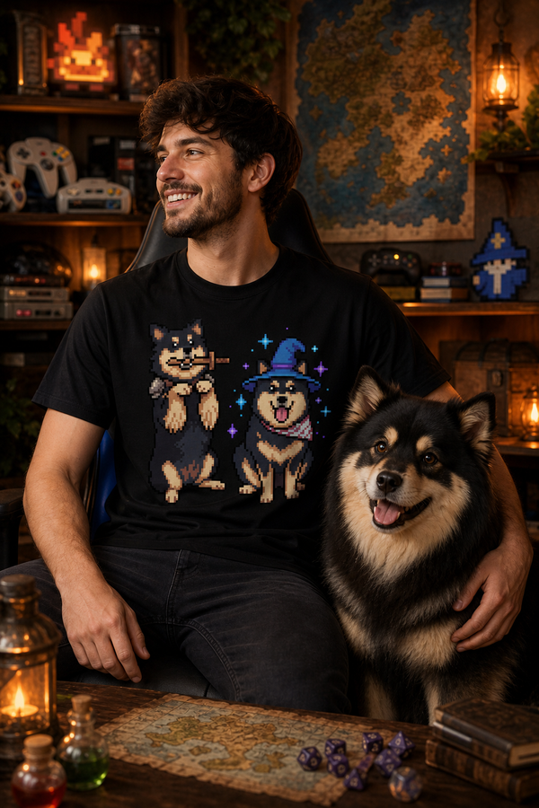 Finnish Lapphund Pixel Quest Magic Adventure Graphic T-Shirt Finnish Lapphund t-shirt worn, lifestyle photo