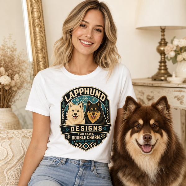 Finnish Lapphund Two Coats Double Charm T-Shirt Finnish Lapphund t-shirt worn, lifestyle photo