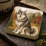 Glossy print detail on the Finnish Lapphund Wolf Sable Cabin Scene Cork-Back Coaster Finnish Lapphund coaster