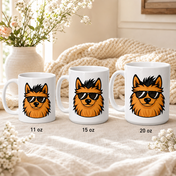 Finnish Lapphund Mug Cool Shades Nordic Dog Fan Gift Finnish Lapphund mug size lineup, 11oz 15oz and 20oz