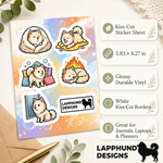 Specs and details for the Finnish Lapphund Cozy Puppy Sticker Sheet – Sleepy Naps, Warm Beds & Peaceful Rest Finnish Lapphund sticker sheet