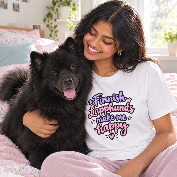 Finnish Lapphunds Make Me Happy T-Shirt Finnish Lapphund t-shirt worn, lifestyle photo