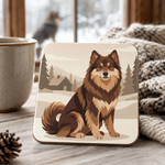 Finnish Lapphund Winter Cabin Illustration Cork-Back Coaster Finnish Lapphund cork-back coaster