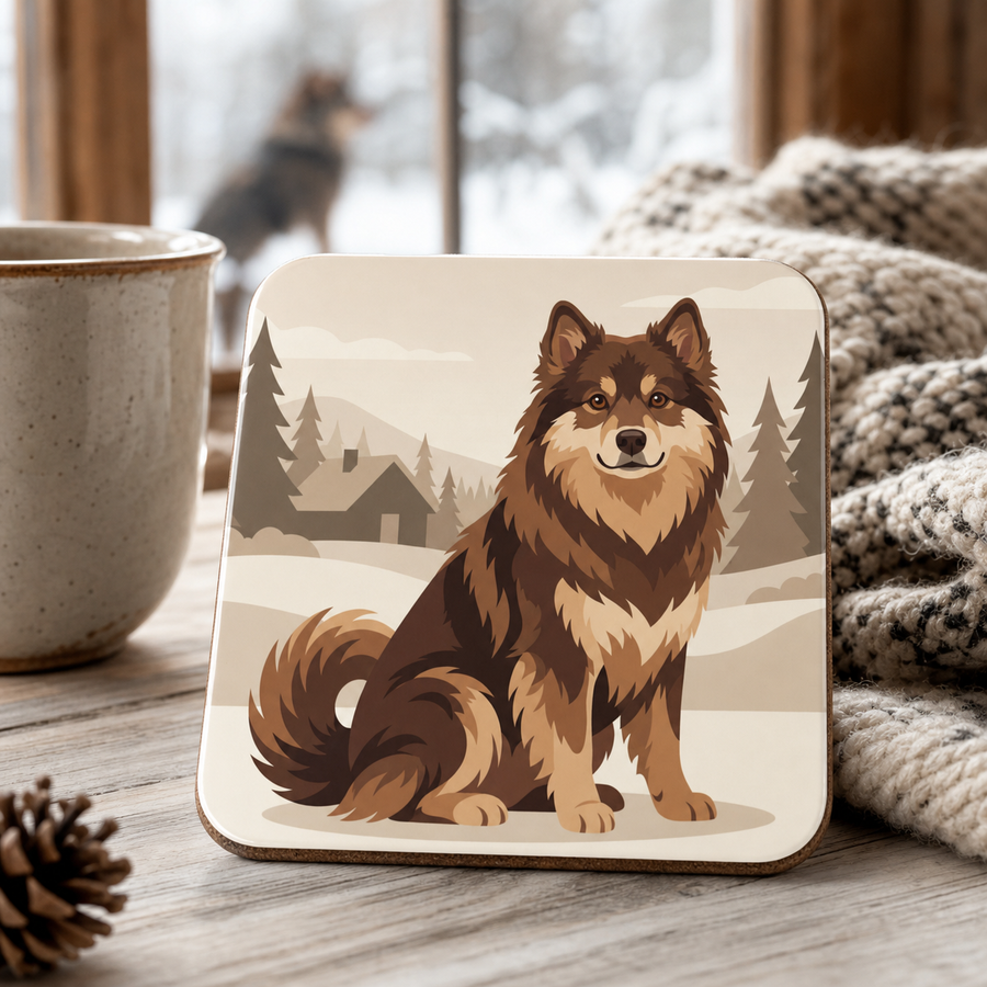 Finnish Lapphund Winter Cabin Illustration Cork-Back Coaster Finnish Lapphund cork-back coaster