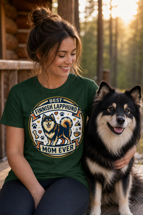 Finnish Lapphund Best Mom Ever Tee Finnish Lapphund t-shirt worn, lifestyle photo