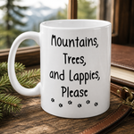 Glossy print detail on the Finnish Lapphund Mug Mountains Trees Lappies Dog Fan Gift Finnish Lapphund mug