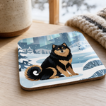 Glossy print detail on the Finnish Lapphund Northern Lights Winter Illustration Cork-Back Coaster Finnish Lapphund coaster