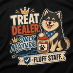 Finnish Lapphund Treat Dealer T-Shirt design close-up on a Finnish Lapphund t-shirt