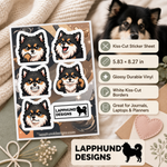 Specs and details for the Finnish Lapphund Cheeky Expressions Sticker Sheet – Sassy Smiles, Attitude & Playful Faces Finnish Lapphund sticker sheet