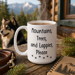 Finnish Lapphund Mug Mountains Trees Lappies Dog Fan Gift Finnish Lapphund mug in use