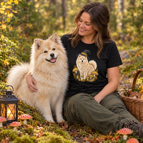 Finnish Lapphund Witch Hat Halloween T-Shirt Finnish Lapphund t-shirt worn, lifestyle photo