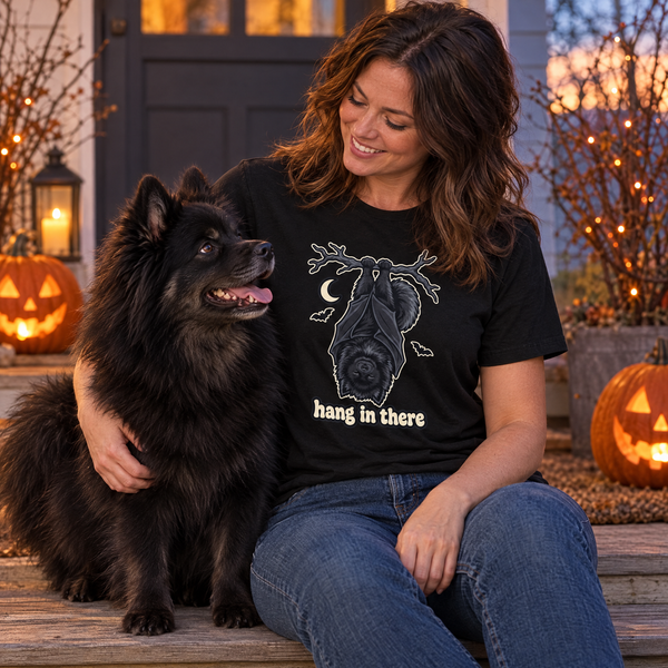 Finnish Lapphund Hang in There Bat Pup Halloween T-Shirt Finnish Lapphund t-shirt worn, lifestyle photo