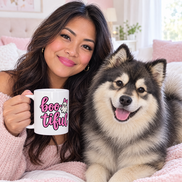 Finnish Lapphund Boo-tiful Halloween Mug Finnish Lapphund mug in use, lifestyle photo