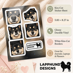 Specs and details for the Finnish Lapphund Close-Up Faces Sticker Sheet – Expressive Details, Head Tilts & Sweet Eye Contact Finnish Lapphund sticker sheet