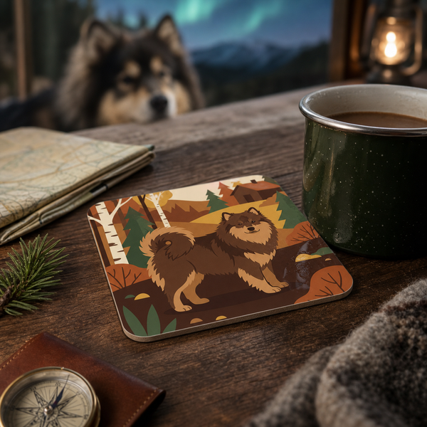 Finnish Lapphund Nordic Cabin Landscape Cork-Back Coaster Finnish Lapphund cork-back coaster in use on a table