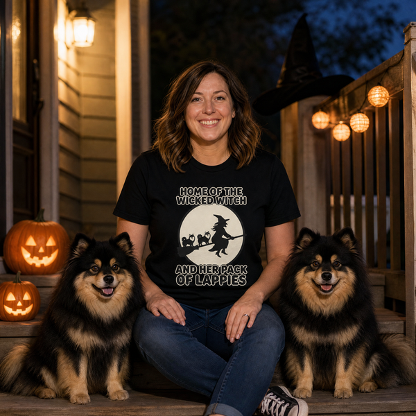 Finnish Lapphund Wicked Witch Pack Halloween T-Shirt Finnish Lapphund t-shirt worn, lifestyle photo