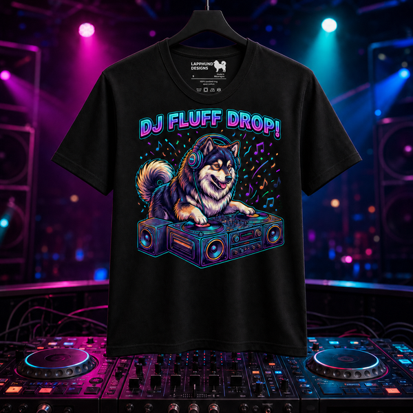 Finnish Lapphund DJ Fluff Drop Neon Party T-Shirt Finnish Lapphund t-shirt