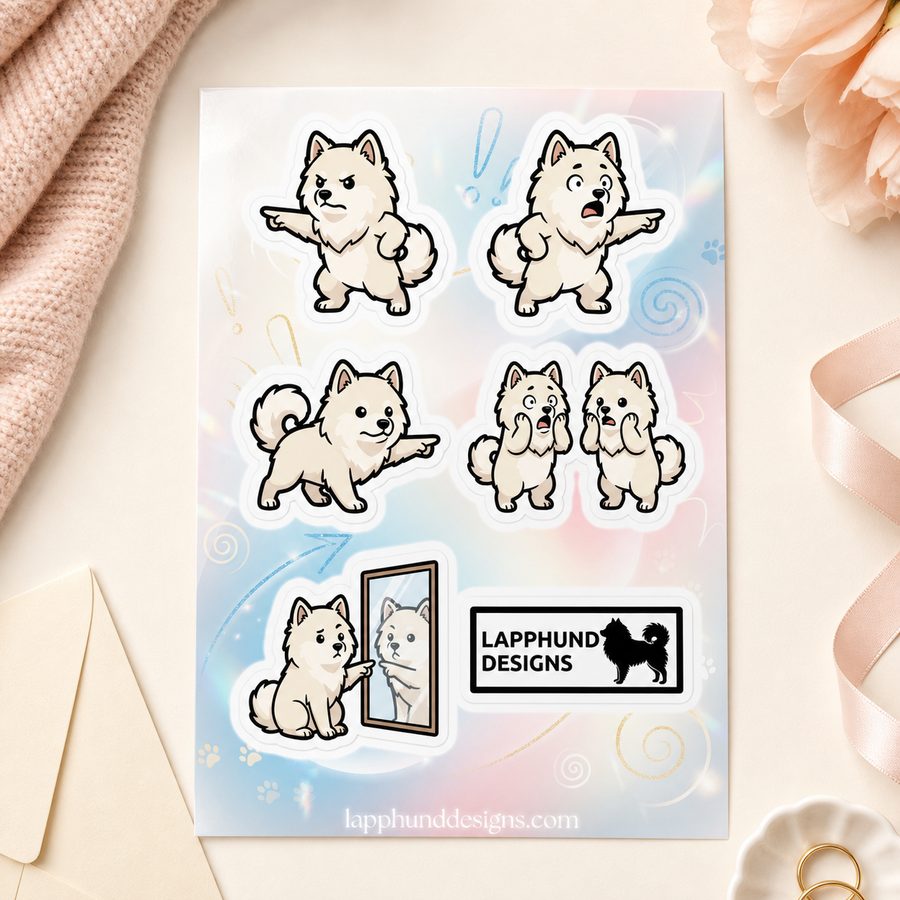 Finnish Lapphund Pointing Reactions Sticker Sheet – Calling Out, Surprise & “Look Over There” Expressions Finnish Lapphund sticker sheet