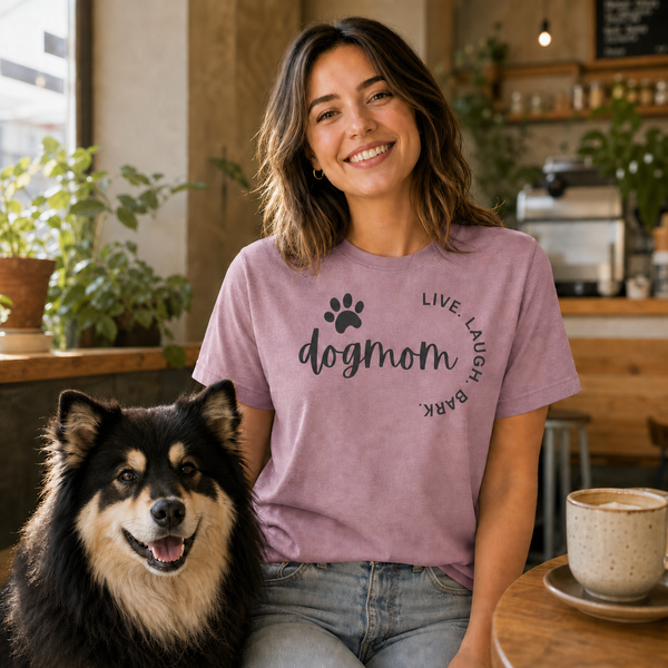 Dog Mom Live Laugh Bark Finnish Lapphund T-Shirt - For Proud Dog Moms Finnish Lapphund t-shirt worn, lifestyle photo