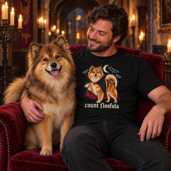 Finnish Lapphund Count Floofula Vampire Halloween T-Shirt Finnish Lapphund t-shirt worn with a Finnish Lapphund