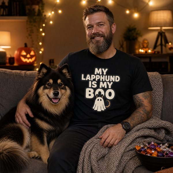 My Lapphund Is My Boo Halloween T-Shirt Finnish Lapphund t-shirt worn, lifestyle photo