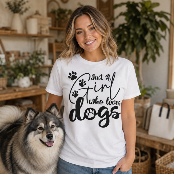 Just a Girl Who Loves Dogs T-Shirt - Finnish Lapphund Outdoor Tee Finnish Lapphund t-shirt worn, lifestyle photo