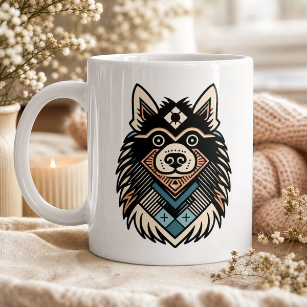 Finnish Lapphund Mug – Tribal Geometric Art in Bold Colors Finnish Lapphund ceramic mug