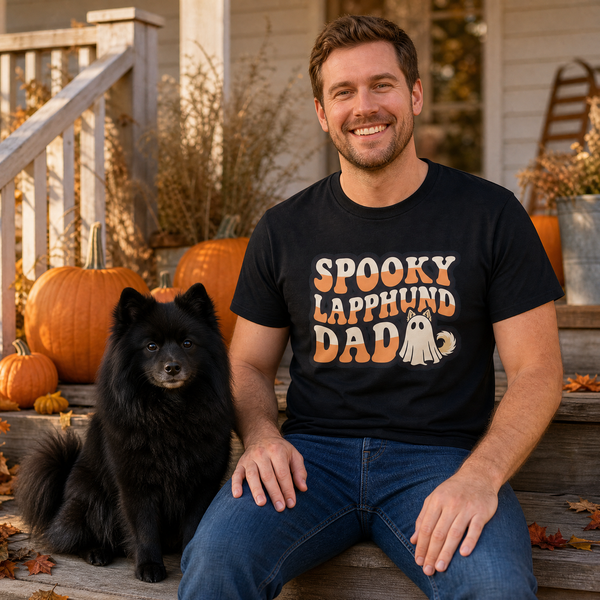 Spooky Lapphund Dad Halloween T-Shirt Finnish Lapphund t-shirt worn, lifestyle photo