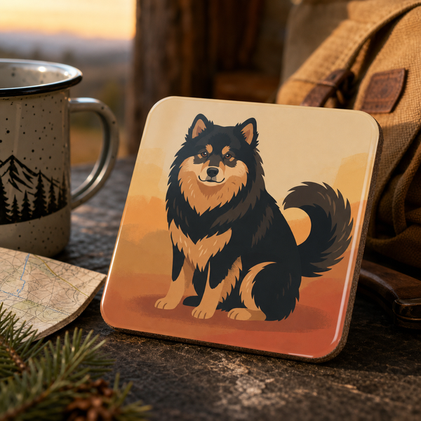 Finnish Lapphund Warm Sunset Illustration Cork-Back Coaster Finnish Lapphund cork-back coaster