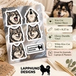 Specs and details for the Finnish Lapphund Talking Faces Sticker Sheet – Howls, Smiles & Vocal Expressions Finnish Lapphund sticker sheet