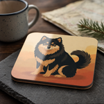 Glossy print detail on the Finnish Lapphund Warm Sunset Illustration Cork-Back Coaster Finnish Lapphund coaster