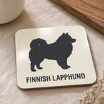 Glossy print detail on the Finnish Lapphund Classic Silhouette Cork-Back Coaster Finnish Lapphund coaster