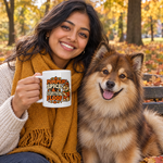 Finnish Lapphund Pumpkin Spice & Everything Floof Halloween Mug Finnish Lapphund mug in use, lifestyle photo