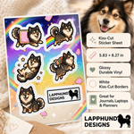 Specs and details for the Finnish Lapphund Whimsical Fantasy Sticker Sheet – Dreamy Adventures, Rainbows & Playful Magic Finnish Lapphund sticker sheet