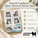 Specs and details for the Finnish Lapphund Quiet Moments Sticker Sheet – Cozy Sounds, Gentle Play & Peaceful Indoor Life Finnish Lapphund sticker sheet