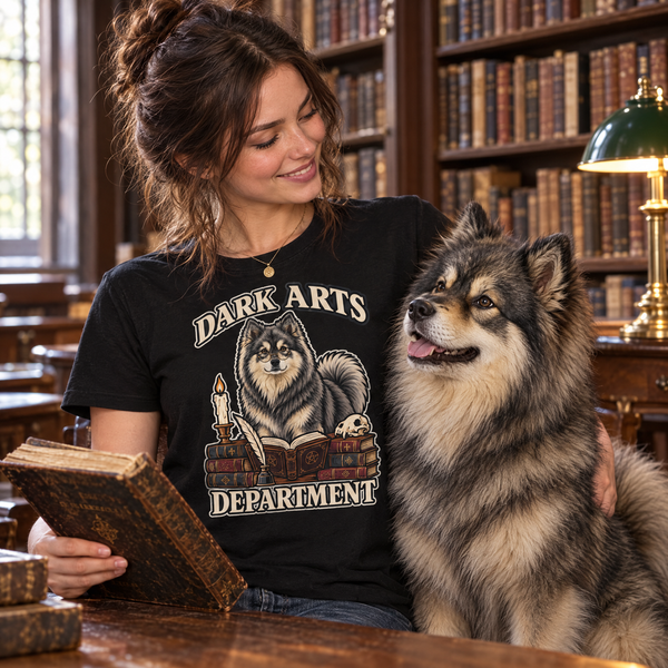 Finnish Lapphund Dark Arts Department Halloween T-Shirt Finnish Lapphund t-shirt worn, lifestyle photo