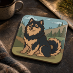 Finnish Lapphund Mountain Meadow Illustration Cork-Back Coaster Finnish Lapphund cork-back coaster