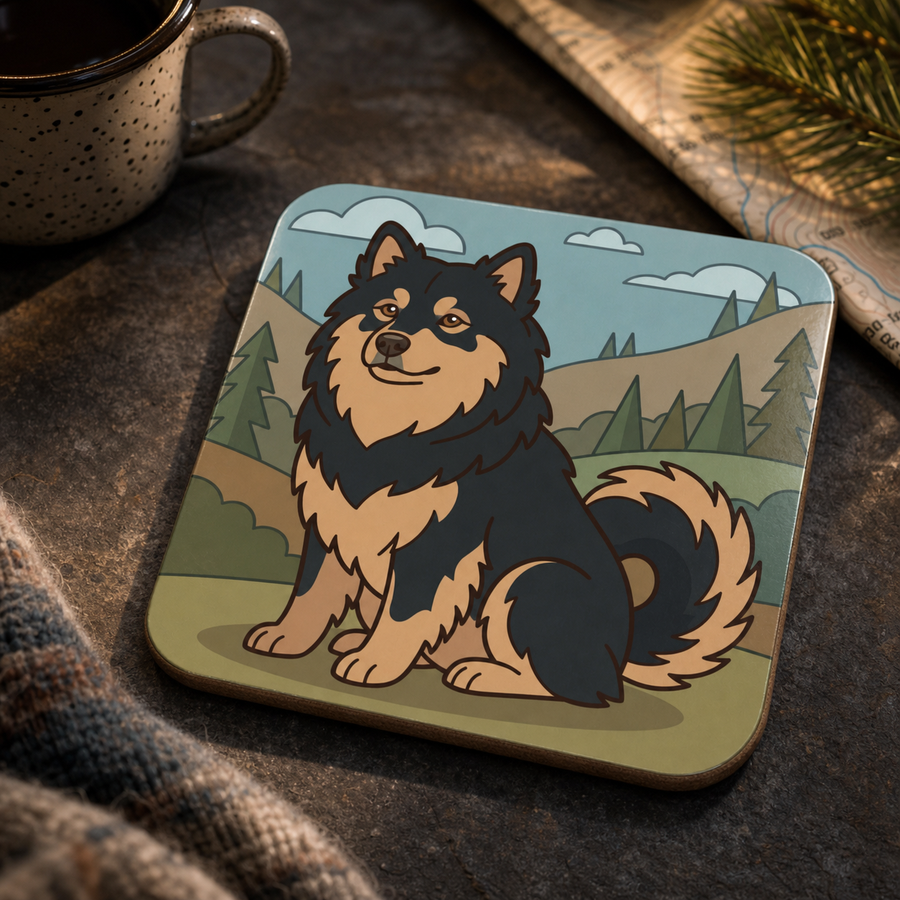 Finnish Lapphund Mountain Meadow Illustration Cork-Back Coaster Finnish Lapphund cork-back coaster