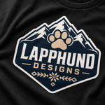 Finnish Lapphund Mountain Paw Logo T-Shirt design close-up on a Finnish Lapphund t-shirt