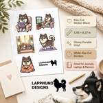 Specs and details for the Finnish Lapphund Cozy Home Sticker Sheet – Reading, Relaxing & Cozy Moments Finnish Lapphund sticker sheet