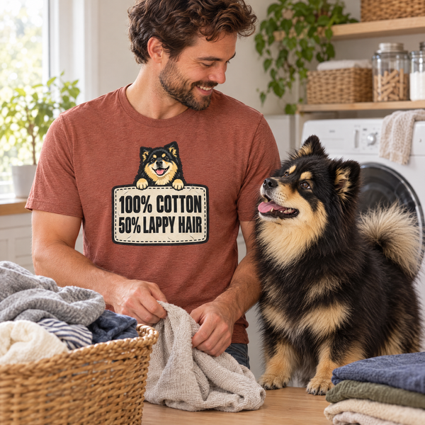 Finnish Lapphund 100% Cotton, 50% Lappy Hair T-Shirt Finnish Lapphund t-shirt worn, lifestyle photo